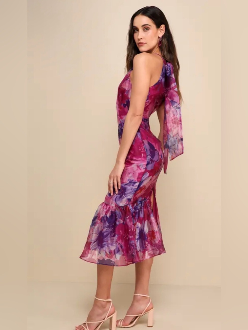 Lulus Admirable Essence Magenta Floral Organza Trumpet Midi Dress Sz M